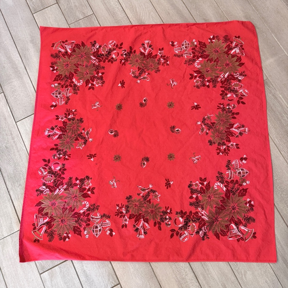 Vintage Red Holiday Christmas Cotton Tablecloth Pinecones Bells Birds 45x46